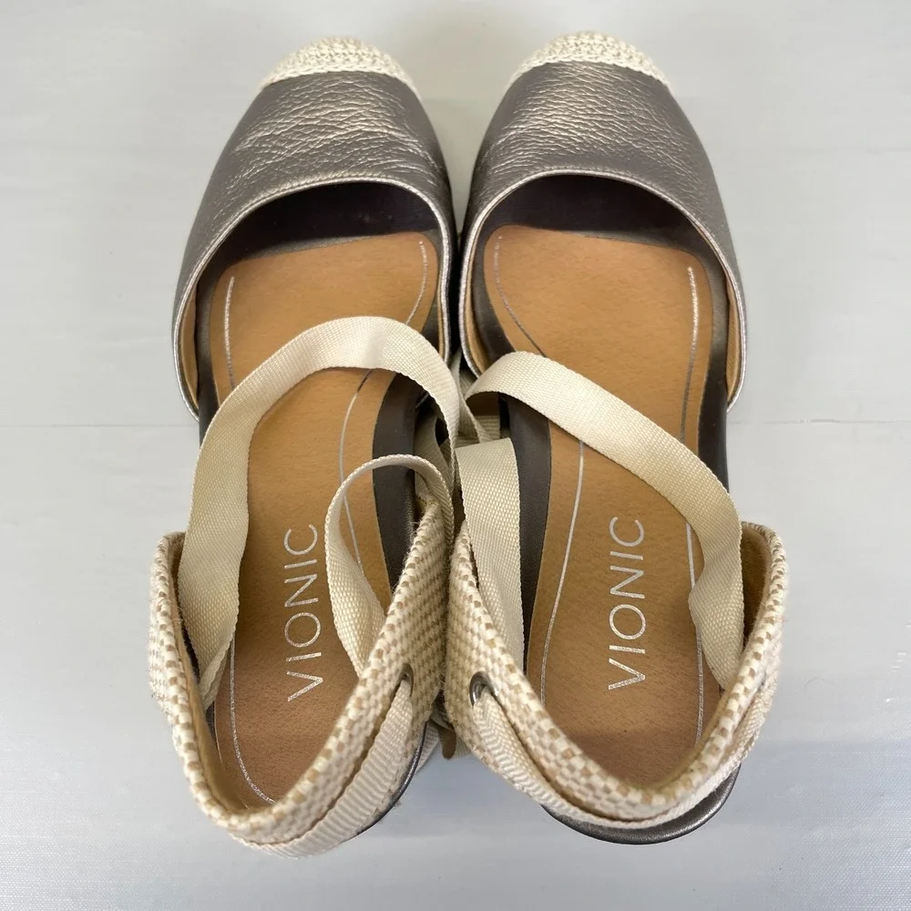 Vionic Maris Espadrille Wedge Sandals Womens Size 6.5 Wide Gray Leather Shoes
